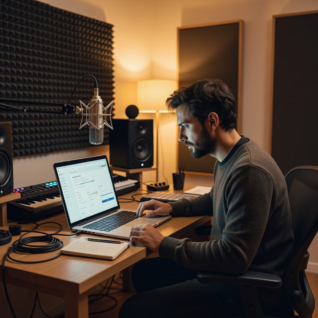 An artist reviews music production software on a laptop in a cozy home studio.