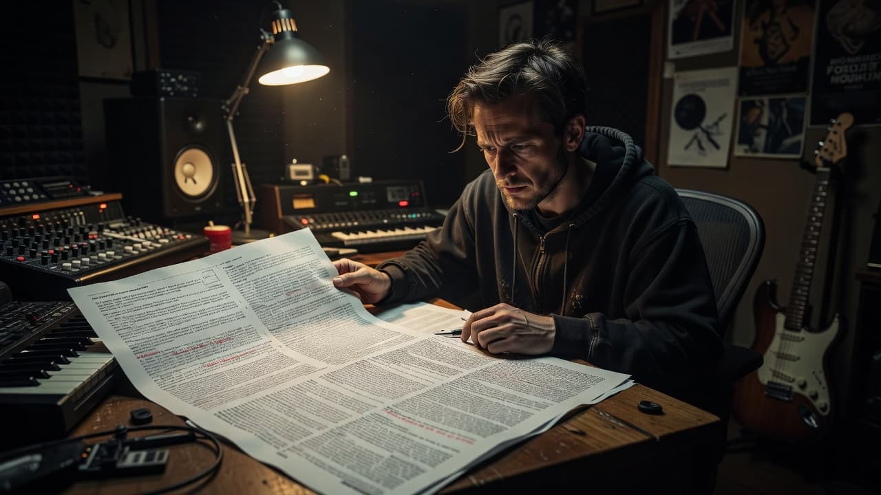 A focused musician sits in a dimly lit home studio, staring intently at a long legal document. Shadowy recording equipment surrounds the artist while dramatic lighting highlights their concerned facial expression.