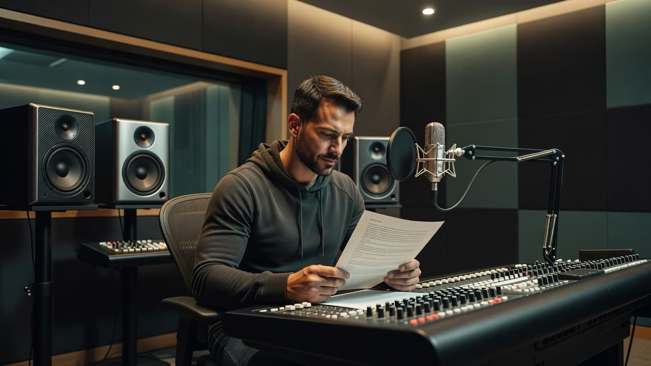 A focused musician sits at a desk inside a professional recording studio, carefully reading a paper contract. Warm ambient lighting highlights the soundproofing foam on the walls behind the artist.