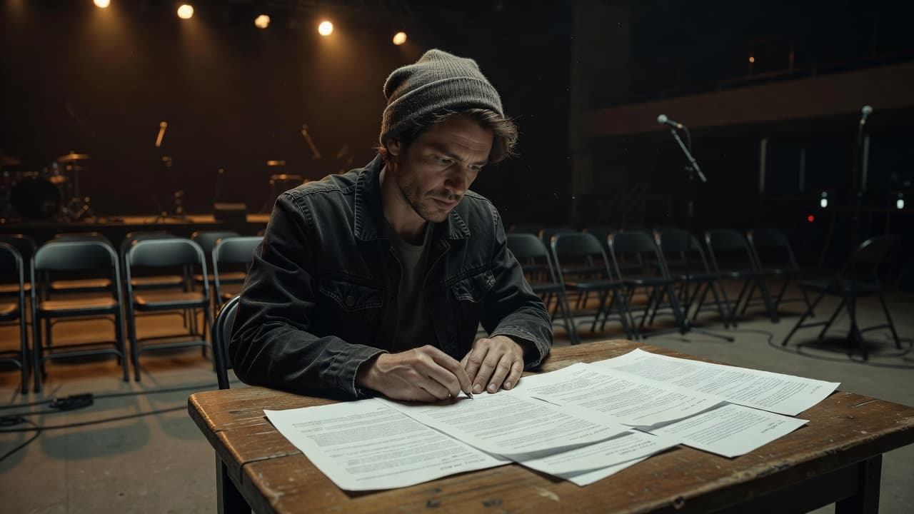 A focused musician sits at a small table inside a dark concert venue. They intently examine a document while soft stage lights glow in the blurred background behind them.