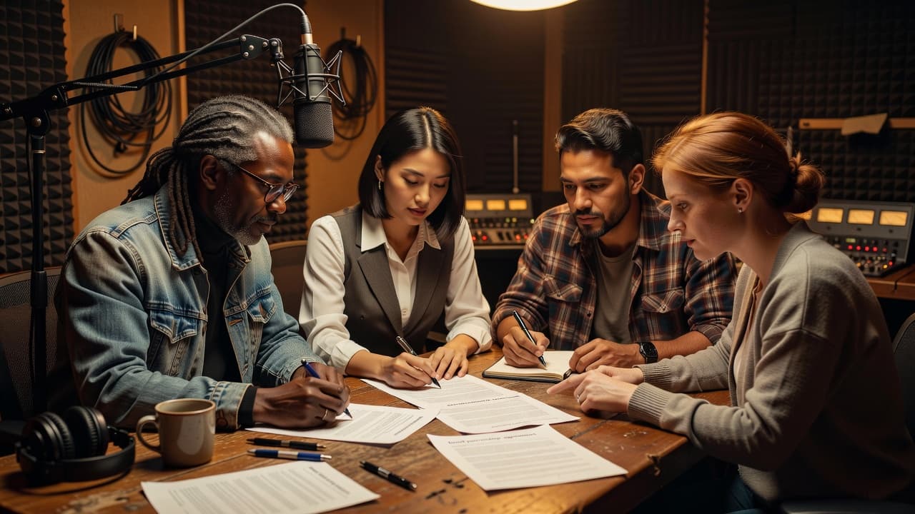 Four diverse musicians gather around a polished wooden table inside a moody recording studio. They focus intently on reviewing legal documents while soft warm lamps cast a professional glow overhead.