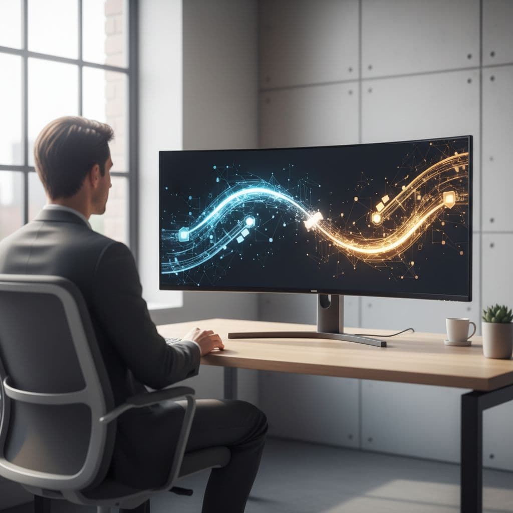 A person sits at a modern desk viewing abstract digital paths on a computer monitor.