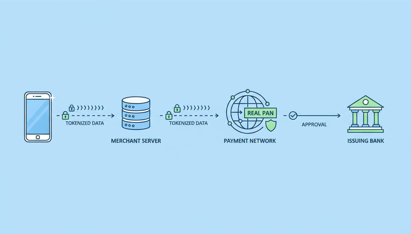 Flowchart shows device sending token to merchant server, network replacing it with PAN, then to bank.