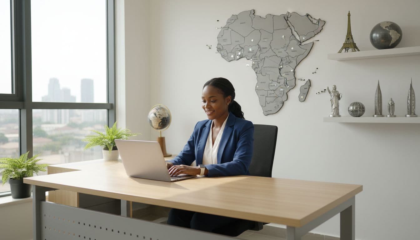 A diverse professional employee sits at a modern desk using a laptop in a bright Nigerian office, surrounded by maps of Africa and global icons, with natural daylight from the window.