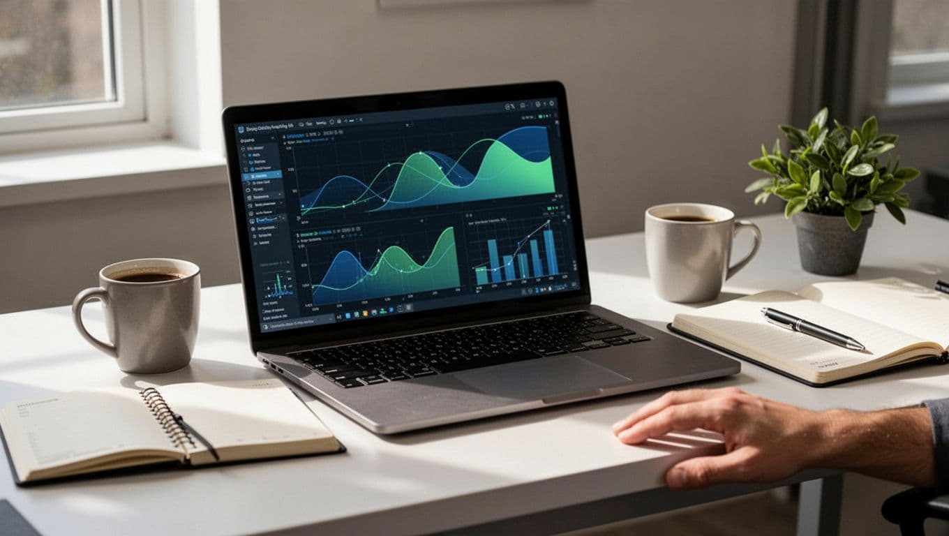 Open laptop on desk shows blue-green abstract graphs for cloud cost management, with coffee mug, notebook, pen, plant, and relaxed hand.