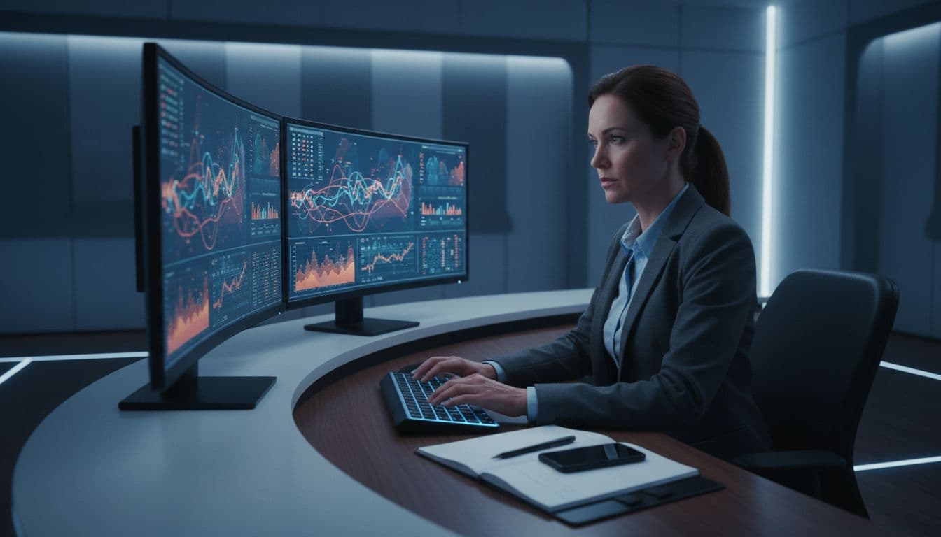A single operations manager in a sleek modern control room, seated at a desk with dual monitors showing real-time alert dashboards and risk charts, focused on proactive chargeback prevention.
