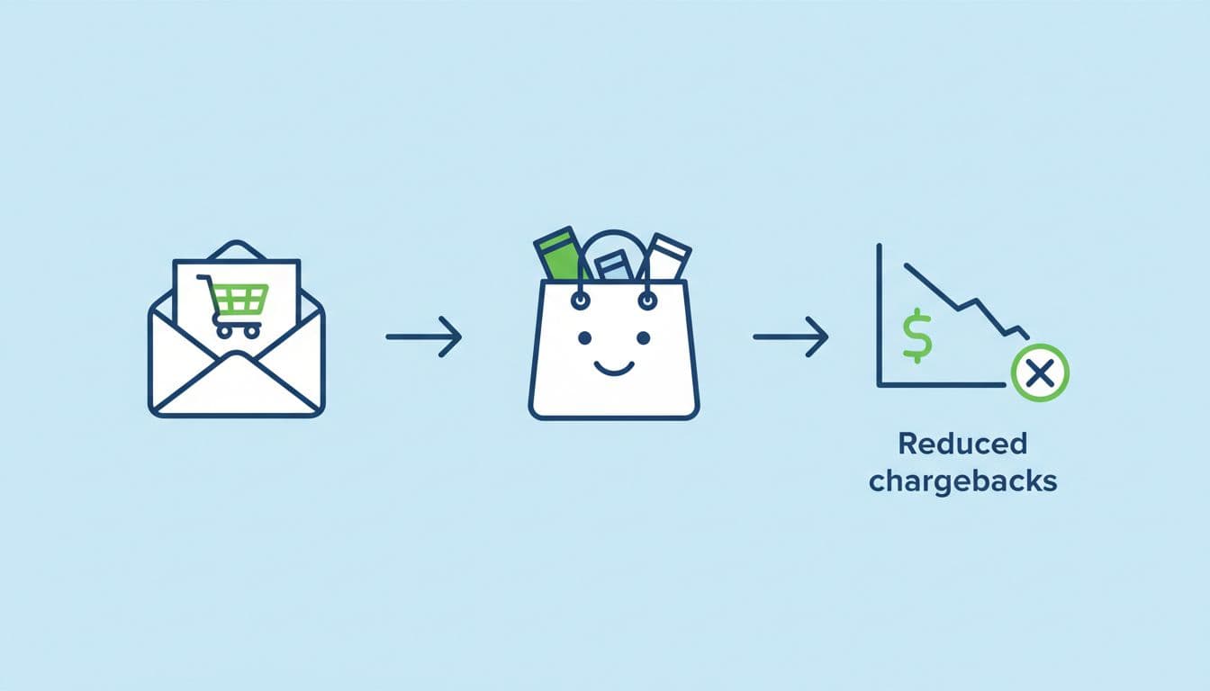Arrow from email icon to happy shopping bag icon to downward chargeback graph arrow on light blue background.