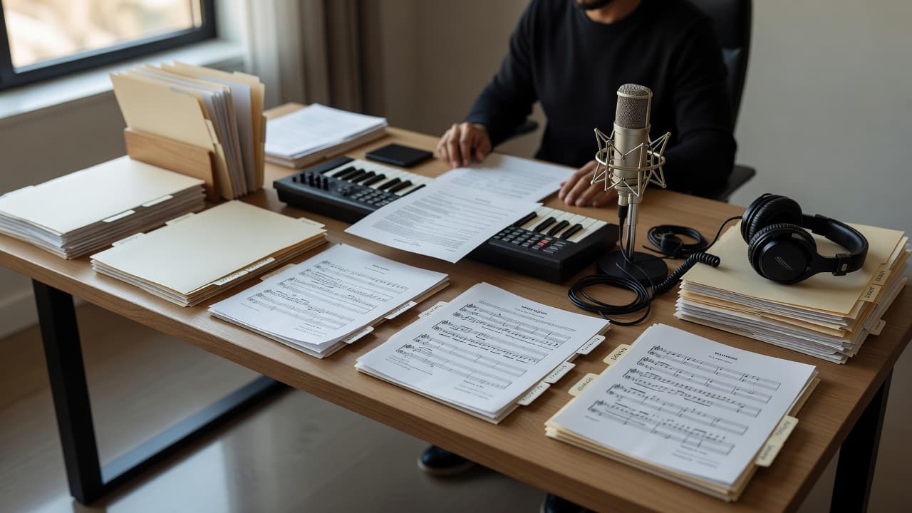 A close-up view displays organized folders and document stacks resting on a sleek desk surface alongside analog synthesizers and audio gear. Soft ambient lighting illuminates the professional paperwork and musical equipment.