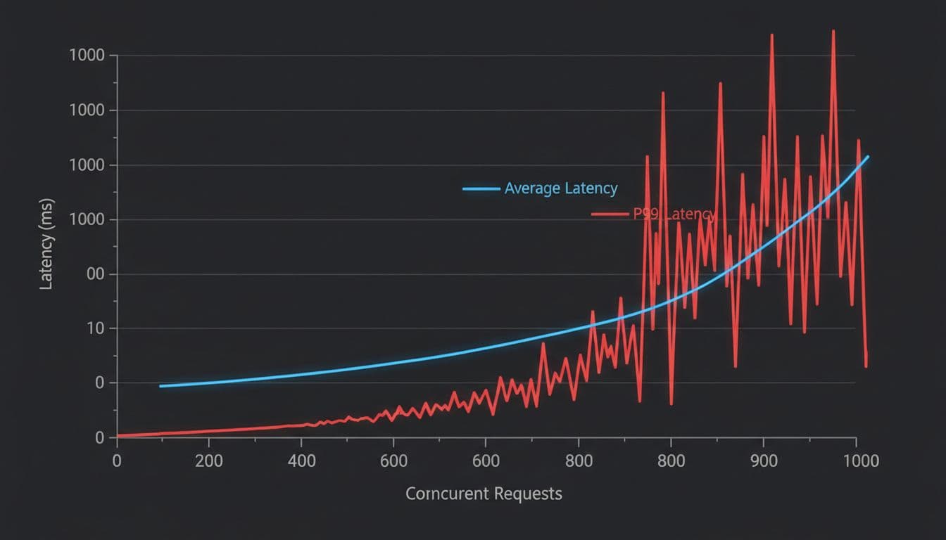 Professional line graph on dark background with x-axis 'Concurrent Requests' (0-1000) and logarithmic y-axis 'Latency (ms)' (0-10000). Blue line shows flat then slightly rising average latency; red jagged line shows P99 latency exploding after 400 requests.