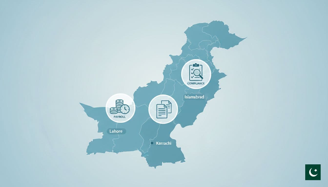 Modern flat design map of Pakistan highlighting major cities like Lahore, Karachi, and Islamabad with icons for payroll, contracts, and compliance checks, using soft blue tones and natural lighting.