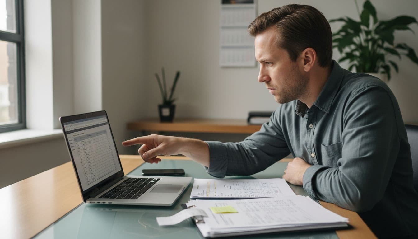 Merchant sitting at a modern desk in a small office, reviewing PayPal transaction details on a laptop screen and paper documents beside it, focused with one hand pointing at the screen, natural window light, realistic photography style.