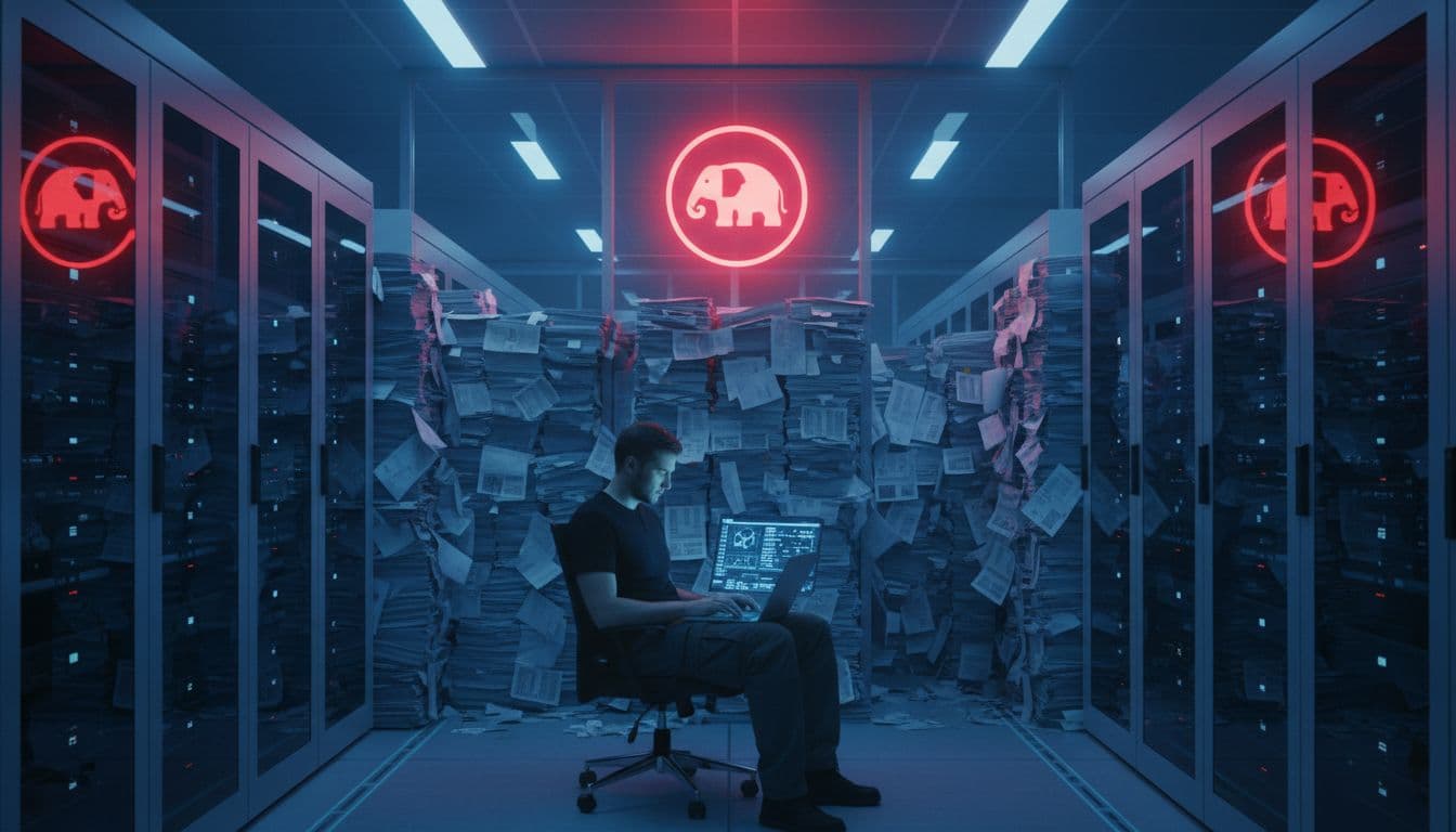 Modern server rack in a data center with glowing red PostgreSQL icon from overload and massive log files stacking up like a wall, engineer checking laptop alerts.