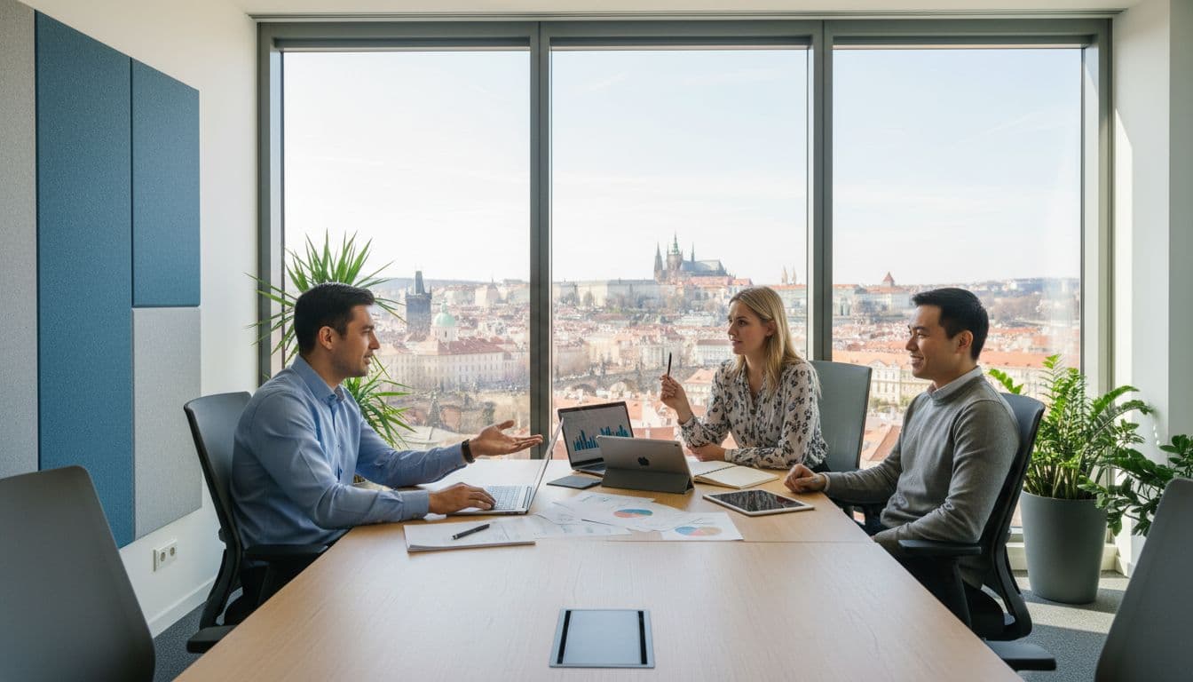 Vibrant tech office in Prague, Czech Republic, featuring a diverse team of three professionals discussing hiring around a table with laptops and documents, large windows showing the Prague skyline, natural daylight, professional collaborative atmosphere.
