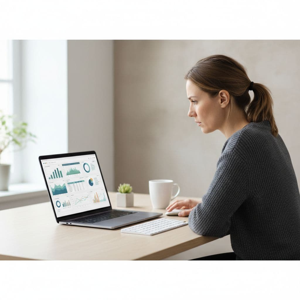 Person sits at minimalist desk, focused on laptop screen in bright office.