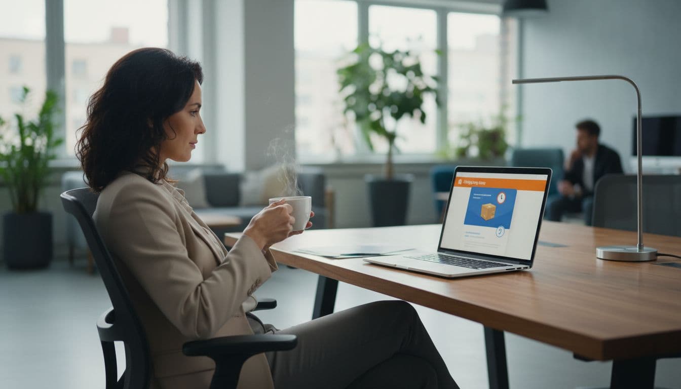 Business professional at desk views laptop screen with shipping update, coffee mug nearby.