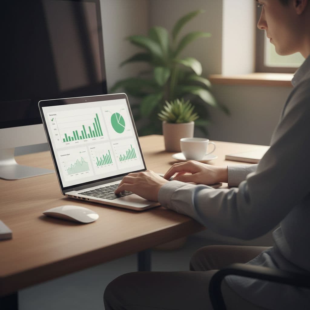 A person works at a desk on a laptop showing a clean data dashboard with green indicators.
