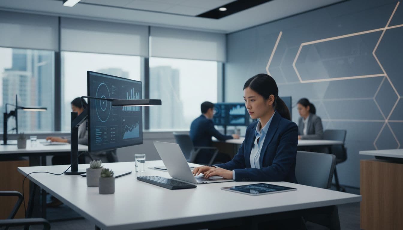 A professional works at a clean, organized desk on a laptop in a modern office.