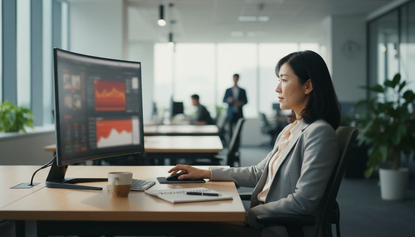 Business professional in modern open office seated at desk with laptop showing blurred real-time alert, coffee and notebook nearby, relaxed focused pose.