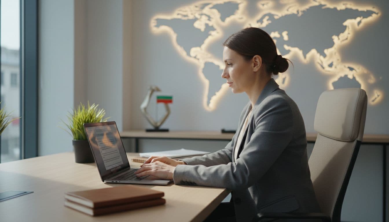 A professional sits at a desk reviewing a hiring checklist on a laptop in a modern office with subtle Bulgarian elements like a map or flag in the background. The realistic photo features natural lighting, focused work, exactly one person, and relaxed hands with no visible screen text or logos.