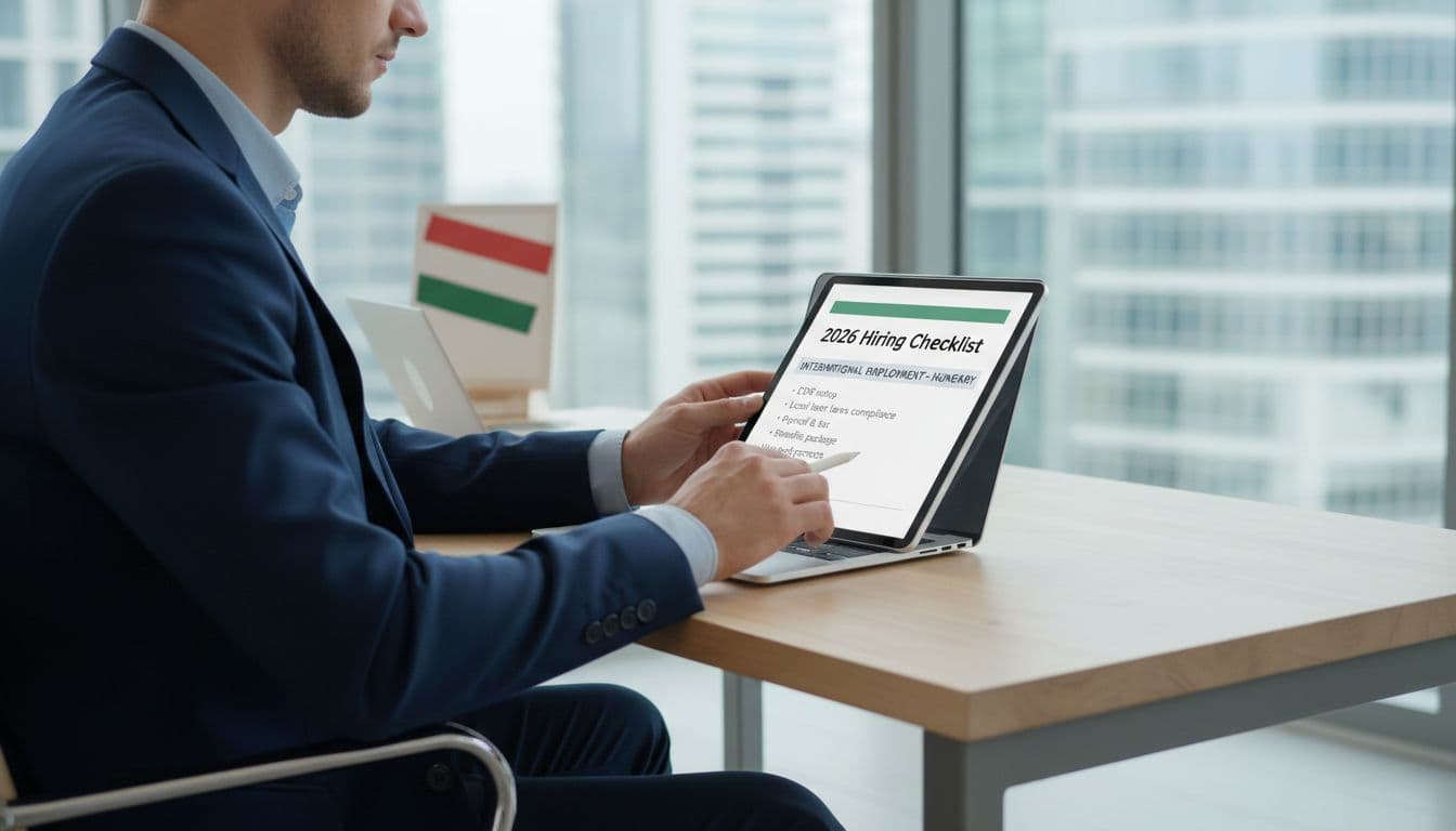 A business professional at a modern office desk reviews a hiring checklist for international employment in Hungary, with the Hungarian flag subtly in the background under natural daylight.