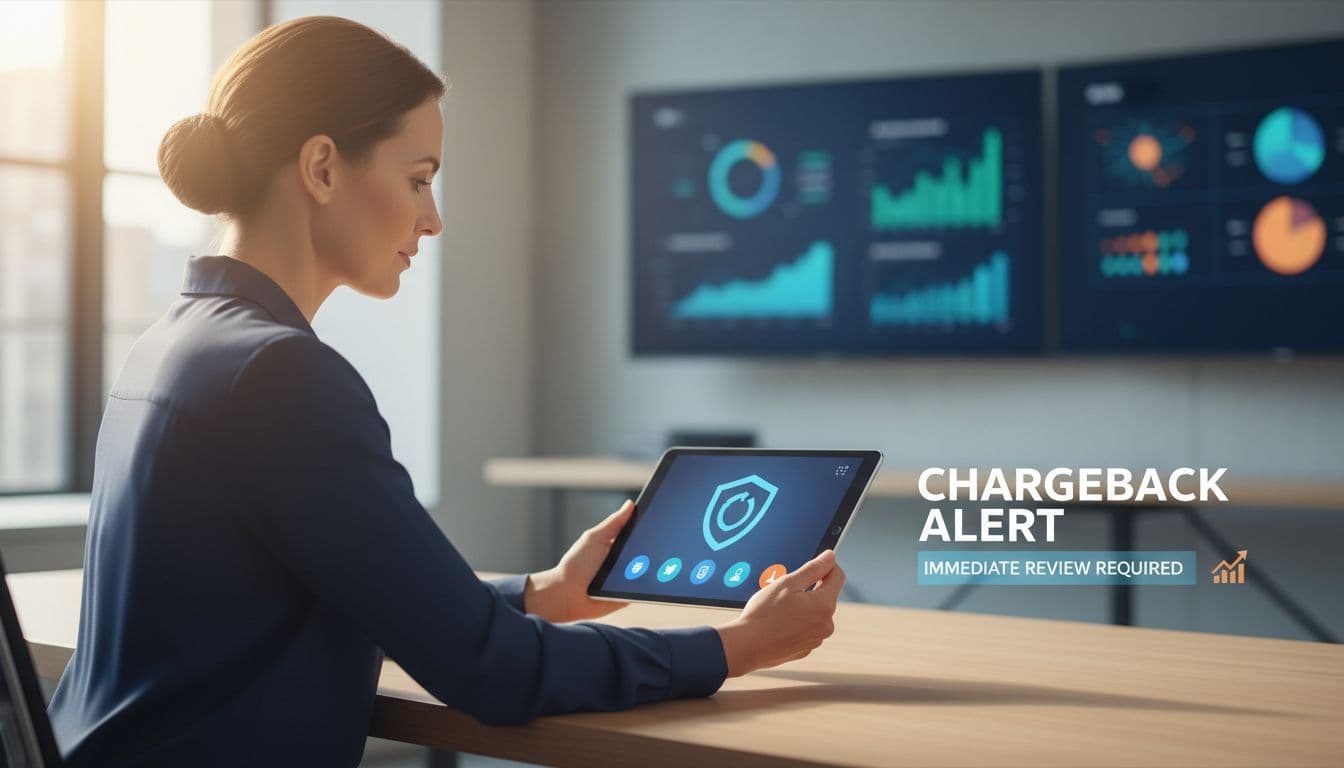 Professional sits at modern office desk reviewing blurred chargeback alert on tablet, charts in background.