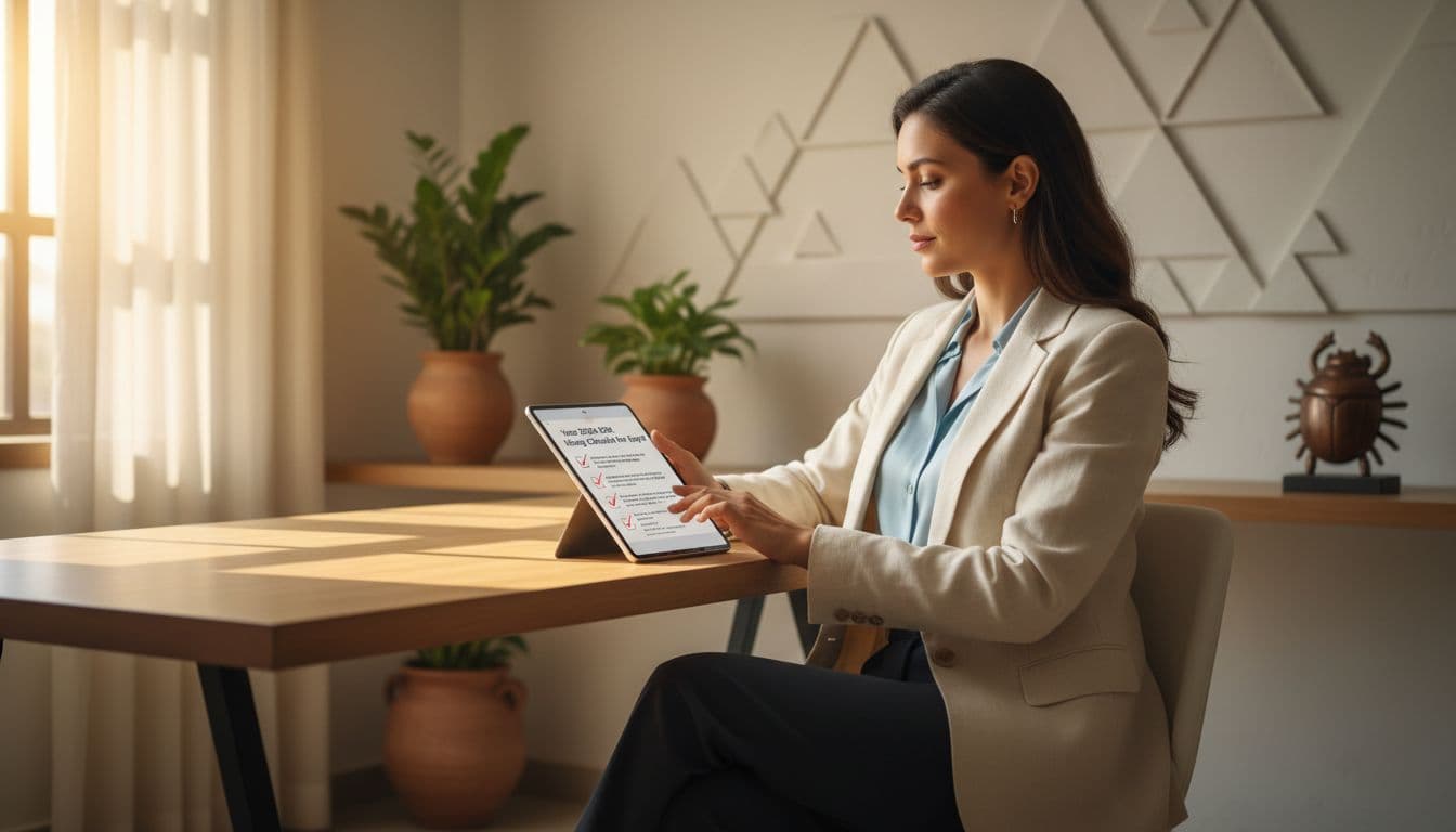 A professional woman in business attire reviews documents on a tablet at a desk in a sunny Egyptian workspace with subtle pyramid motifs and warm lighting. She is in a relaxed pose, visualizing the process of checking off hiring steps for an EOR checklist.