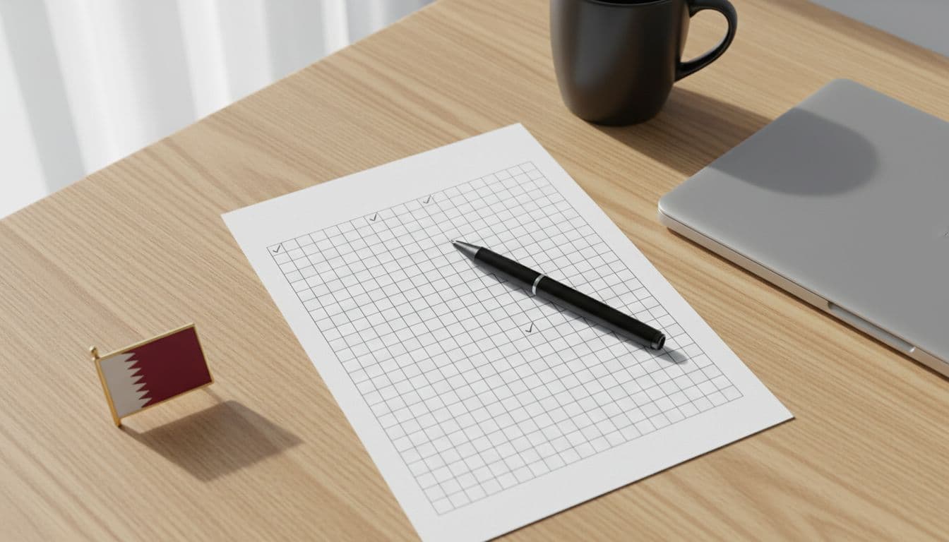 Top-down view of a clean modern wooden desk in a Qatar office, featuring a printed checklist paper, resting ballpoint pen, small Qatari flag pin, closed laptop, and coffee mug under bright natural daylight in realistic photography style.