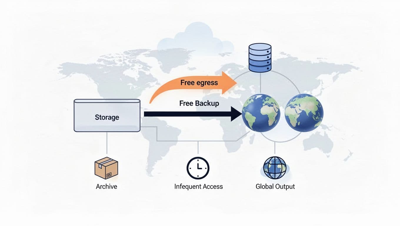 Flowchart shows archive box input to R2 bucket with clock icon, arrow labeled 'Free Egress' to globe for worldwide recovery.