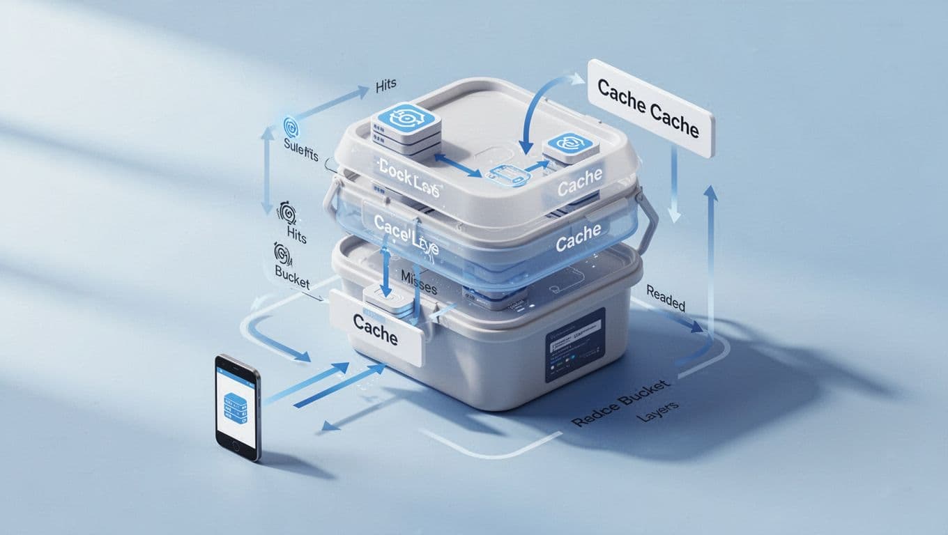 Isometric 3D view shows app requests hitting edge cache first, then secondary cache before central Cloudflare R2 bucket, with arrows indicating hit and miss flows.