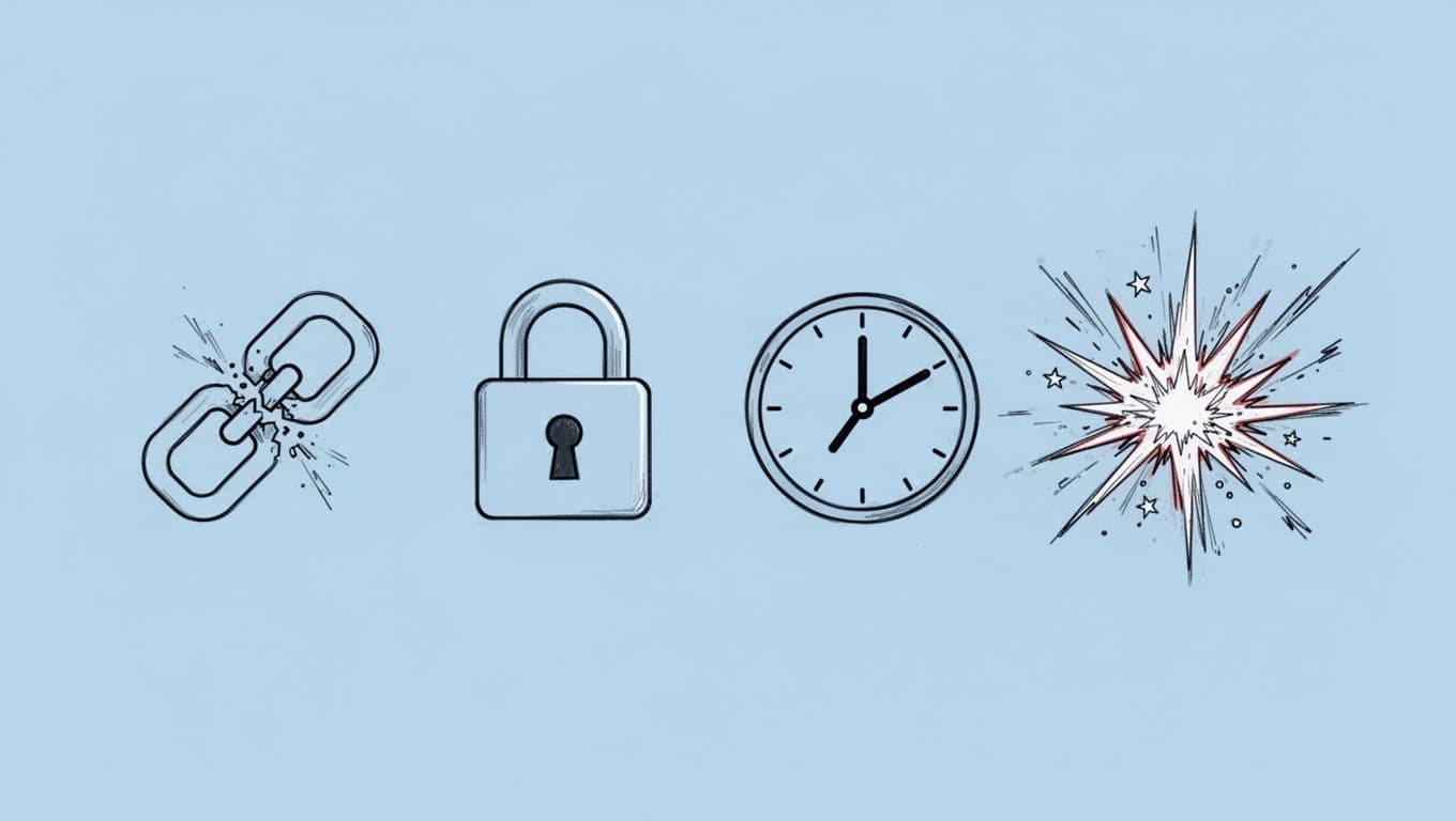 Four simple line art icons in a row on light blue background: broken chain, padlock, clock, explosion.