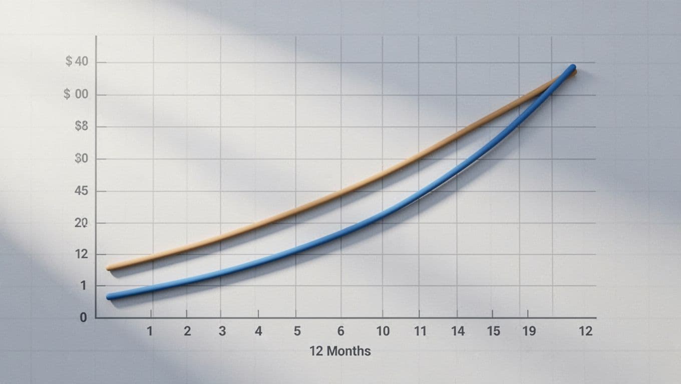 Line graph on light grid shows shallower line for no-discount R2 migration and steeper line for 25% discount reaching breakeven faster.
