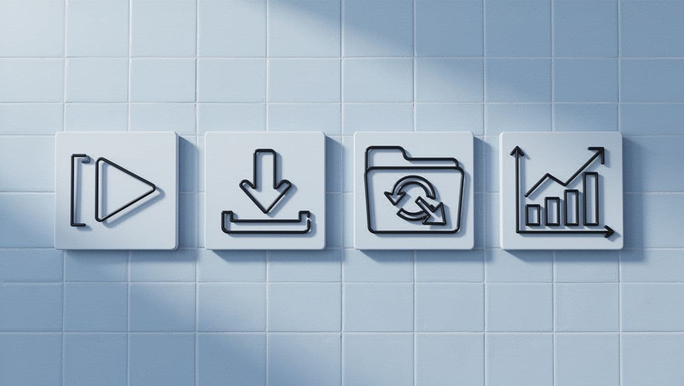Four line art icons in a row on light blue tiles: video player, download arrow, backup folder with restore arrow, and export chart.