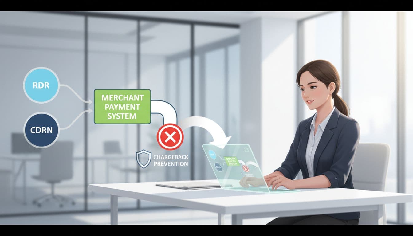 Infographic illustration of RDR and CDRN networks connected to a merchant payment system to prevent chargebacks, featuring a merchant at a desk in a modern office.