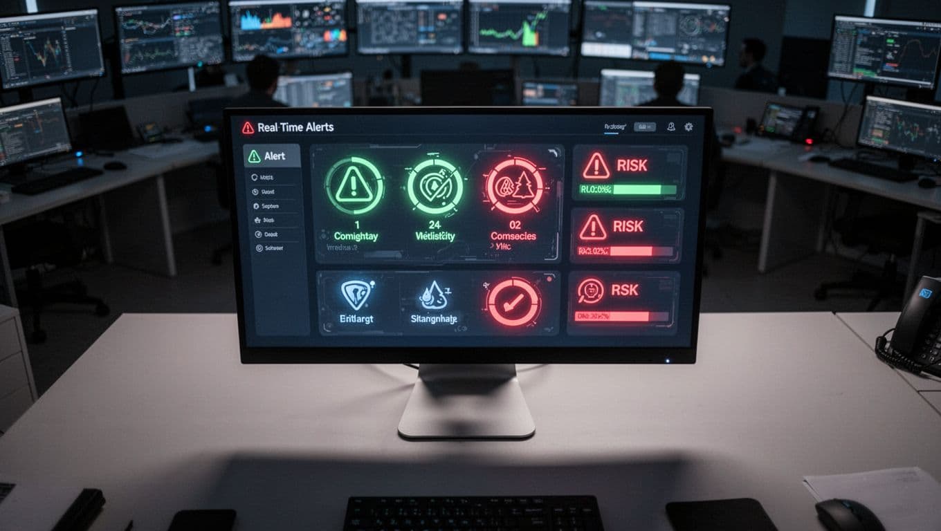 Top-down view of a single desktop monitor in a professional control room displaying a real-time chargeback alert dashboard with glowing notifications and risk indicators, dim lighting with screen glow, futuristic realistic style.