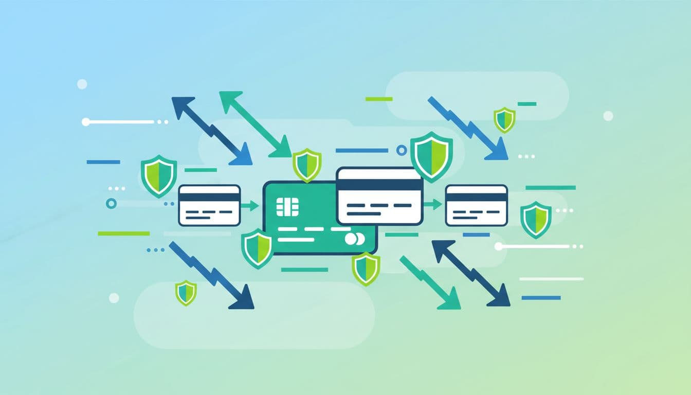 Abstract vector illustration of declining chargeback graphs with shield icons safeguarding credit card transactions in blue and green tones.