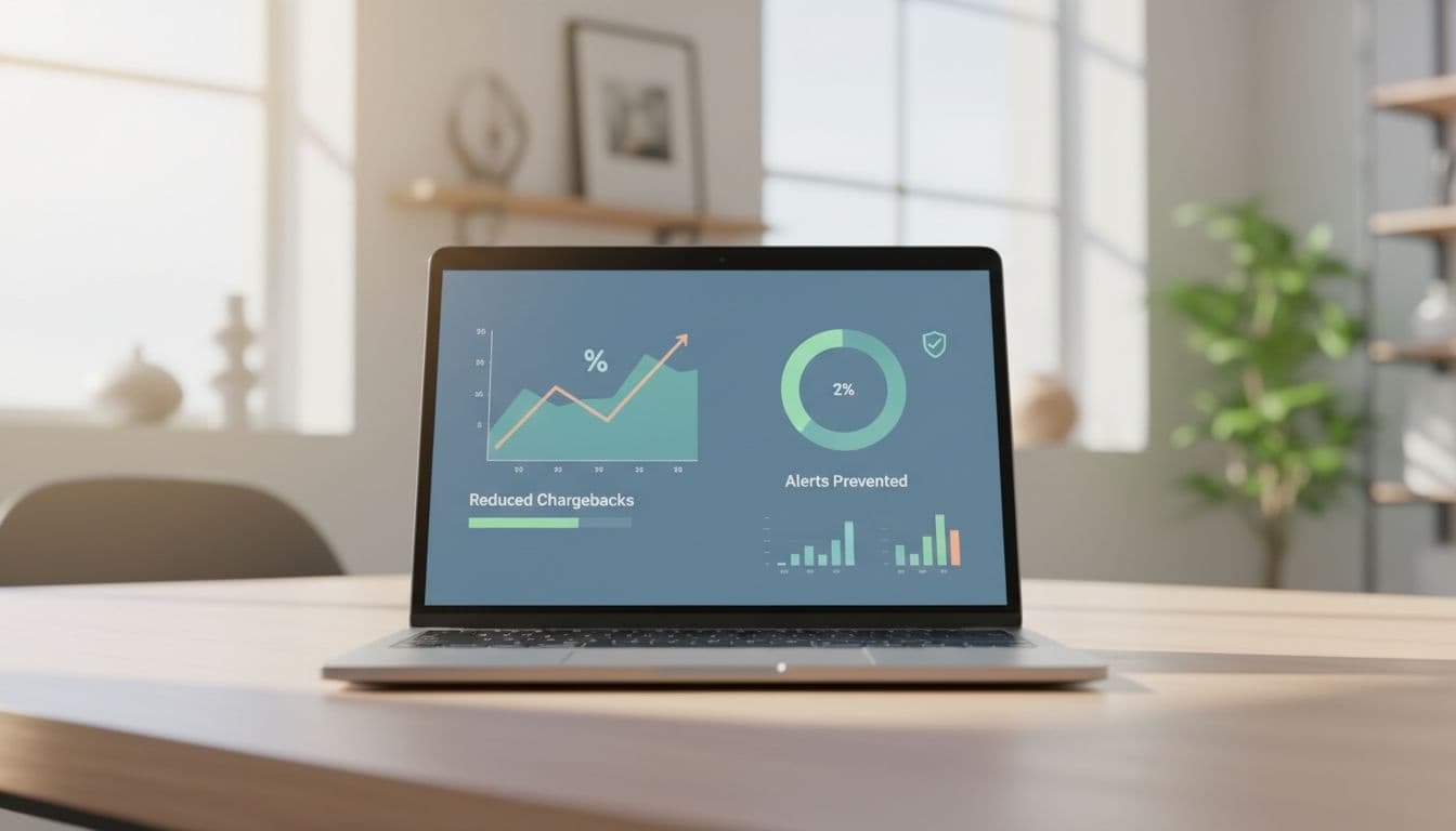 Dashboard screenshot mockup on a laptop screen in a bright office setting, displaying reduced chargeback metrics and prevented alert notifications with positive graph trends. Realistic photo featuring one centered laptop, soft lighting, no people, no extra devices, and no readable text on screen.