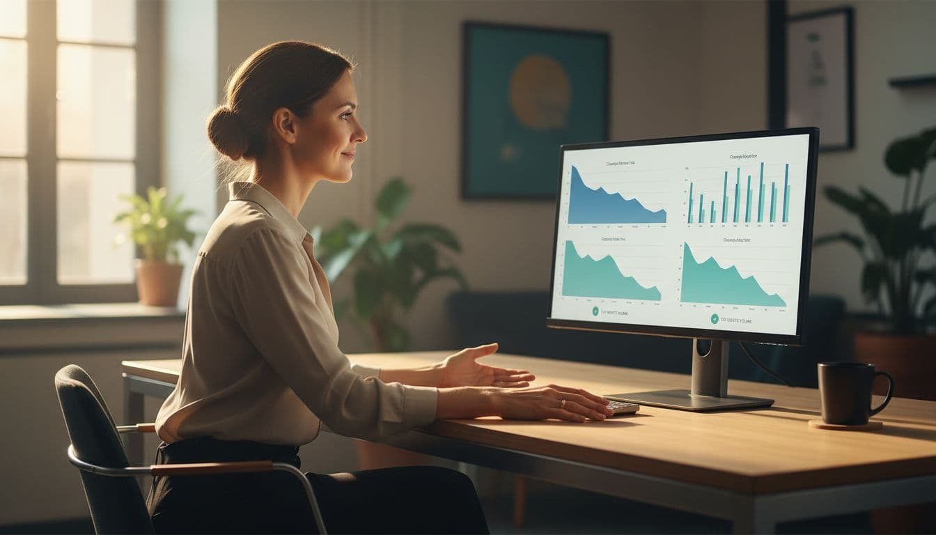 A relieved professional merchant sits at a modern office desk, examining a computer dashboard with downward-trending chargeback graphs and low dispute alerts, with a coffee mug nearby under warm natural window light.