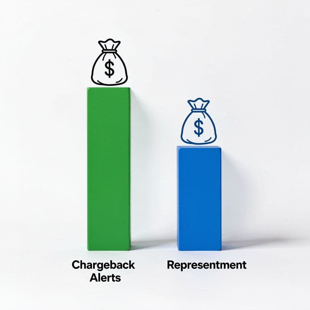 Infographic bar graph on white background with taller green bar for chargeback alerts and shorter blue bar for representment, plus money bag icons.
