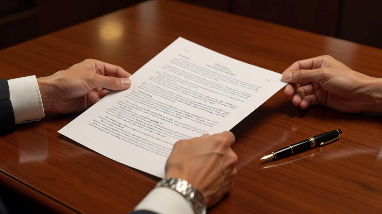 Two pairs of hands carefully analyze a professional legal contract resting on a polished mahogany desk. A vintage fountain pen sits nearby, illuminated by soft, warm ambient office lighting.
