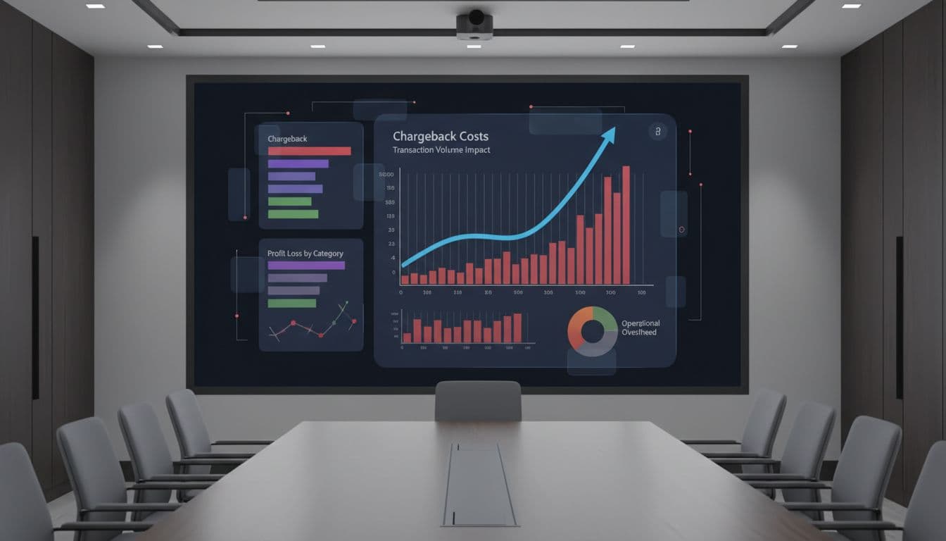 Isometric graph chart on a modern analytics dashboard showing rising chargeback costs for a business, displayed on a large monitor in a conference room with soft lighting and focus on data visualization bars and lines.