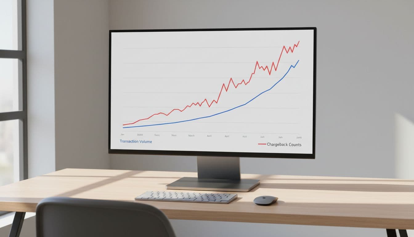Line graph on a computer dashboard screen shows steady transaction volume in blue and sharply rising chargeback counts in red over six months from January to June 2026. Modern minimalist office desk setup with soft daylight lighting from a side window, exactly one screen visible, realistic digital render.