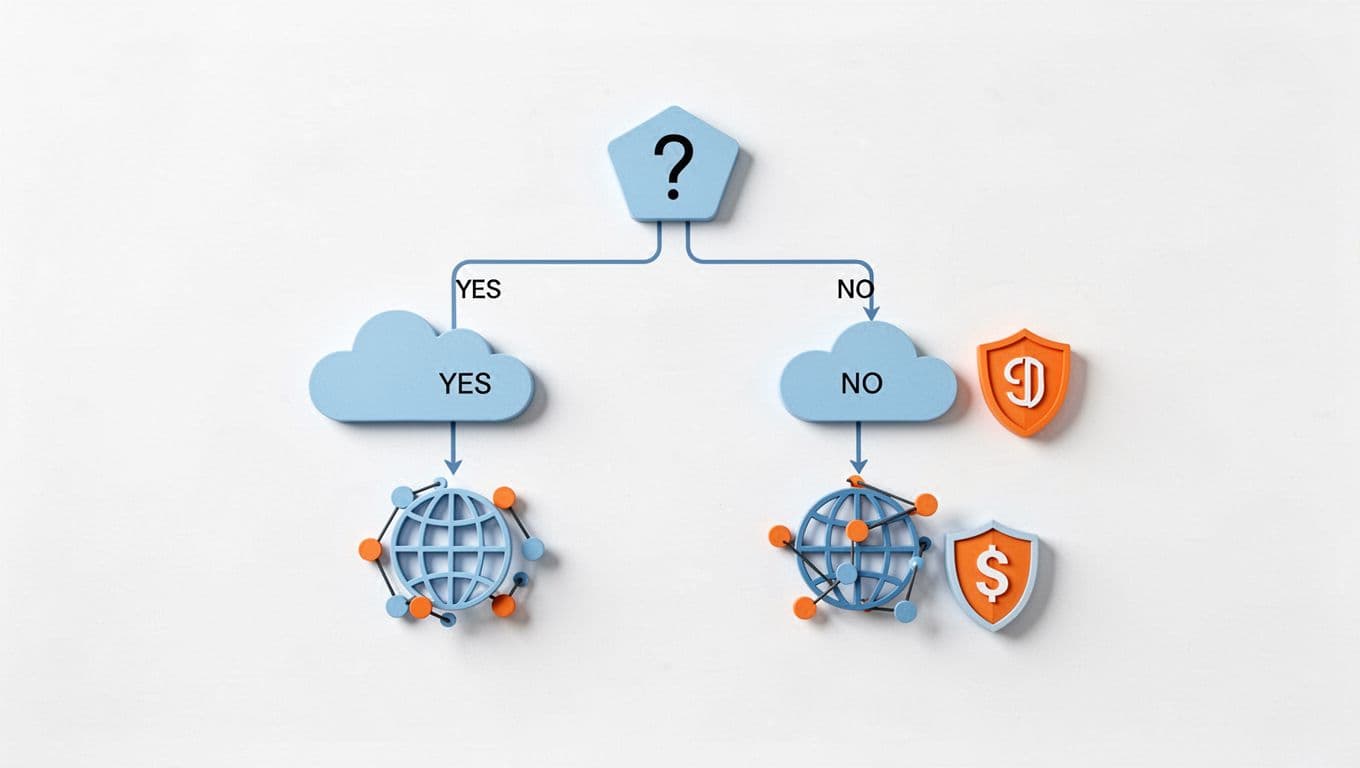 Simple flowchart decision diagram comparing Amazon Route 53 and Cloudflare for DNS choice, starting with 'AWS heavy stack?' leading to Route 53 or Cloudflare, with branches for multi-cloud, security needs, and cost focus; uses clean icons, modern flat design in light blue and orange on white background.