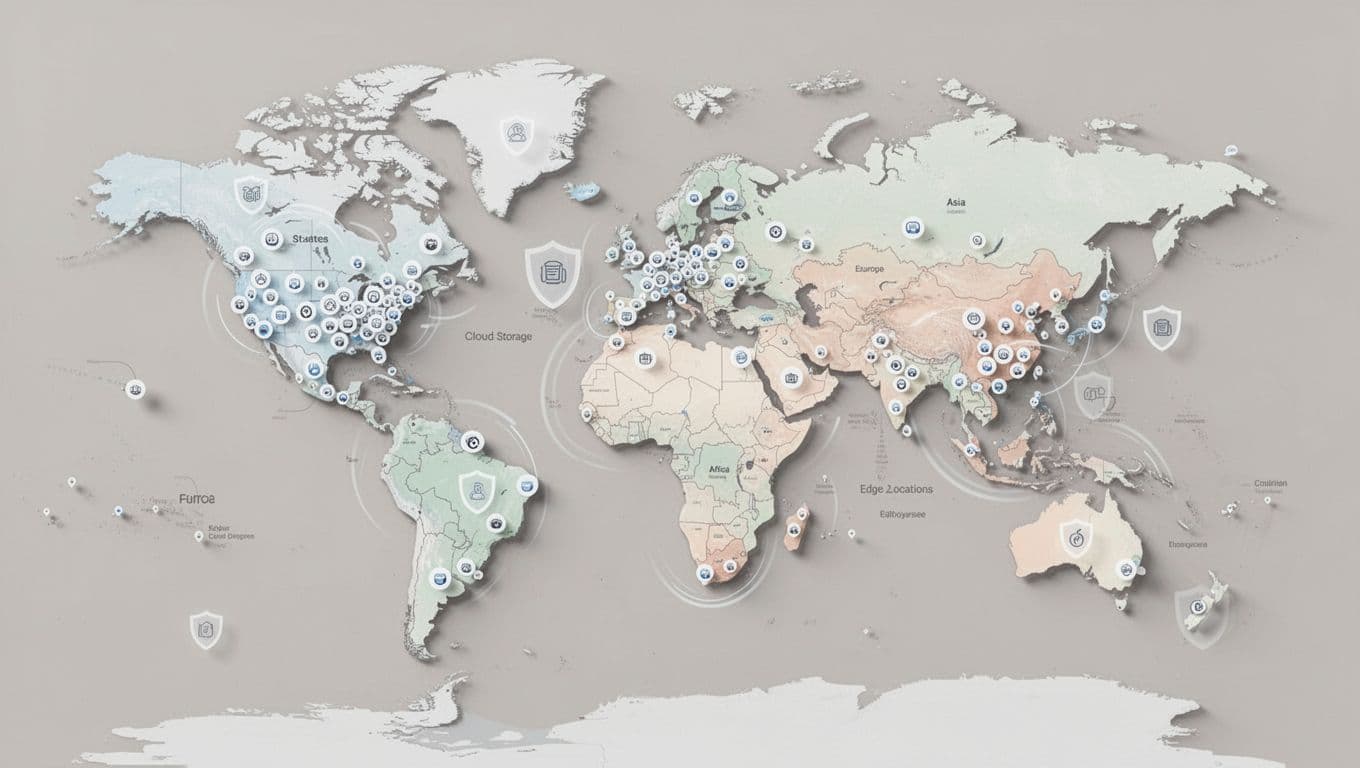 World map shows dense AWS S3 region pins across US, Europe, Asia, Africa, sparse Cloudflare R2 points, integration icons, compliance shields.