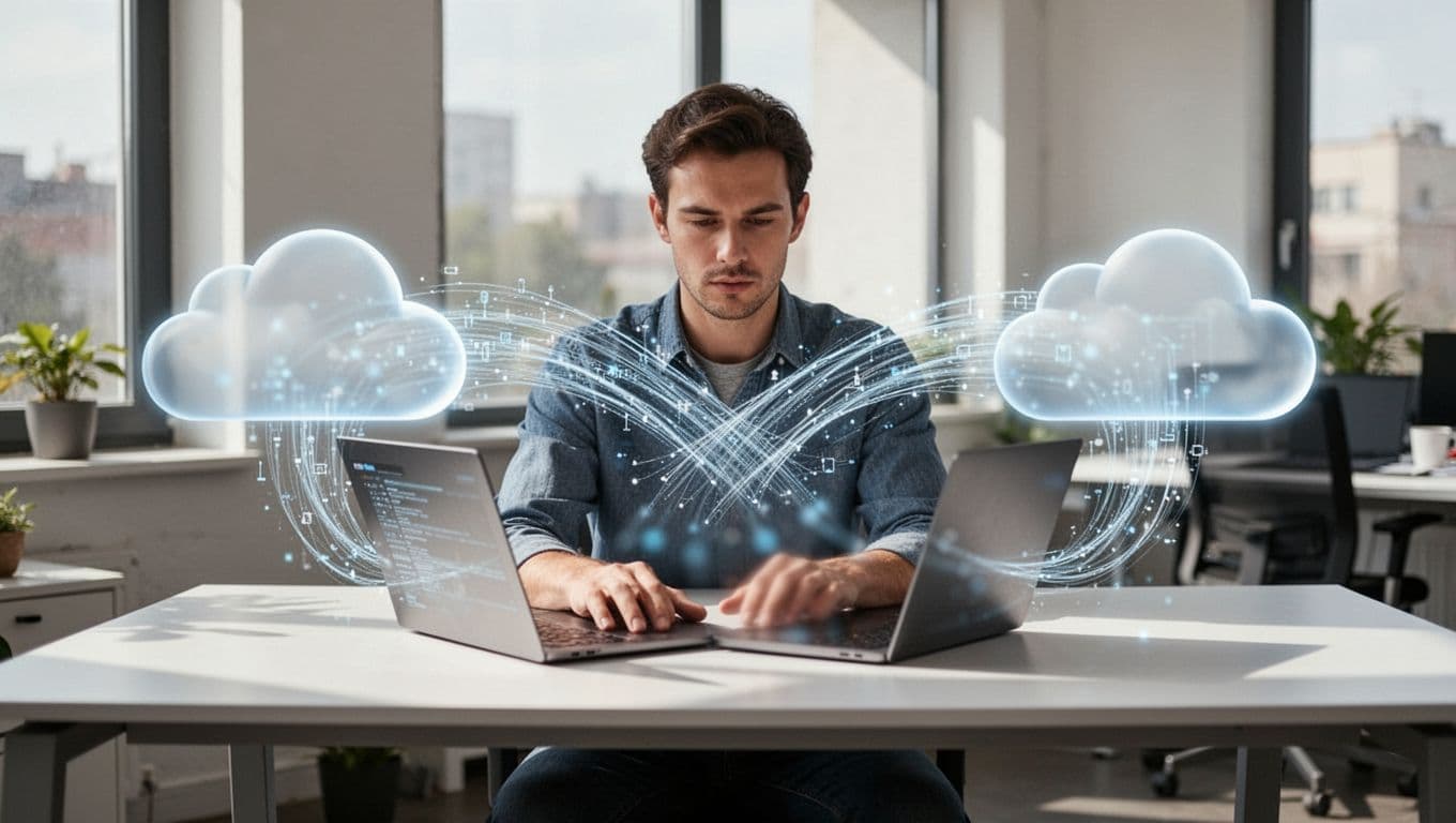 Developer at desk with laptop displaying blurred S3 to R2 code, data streams flowing from AWS to Cloudflare clouds in background.