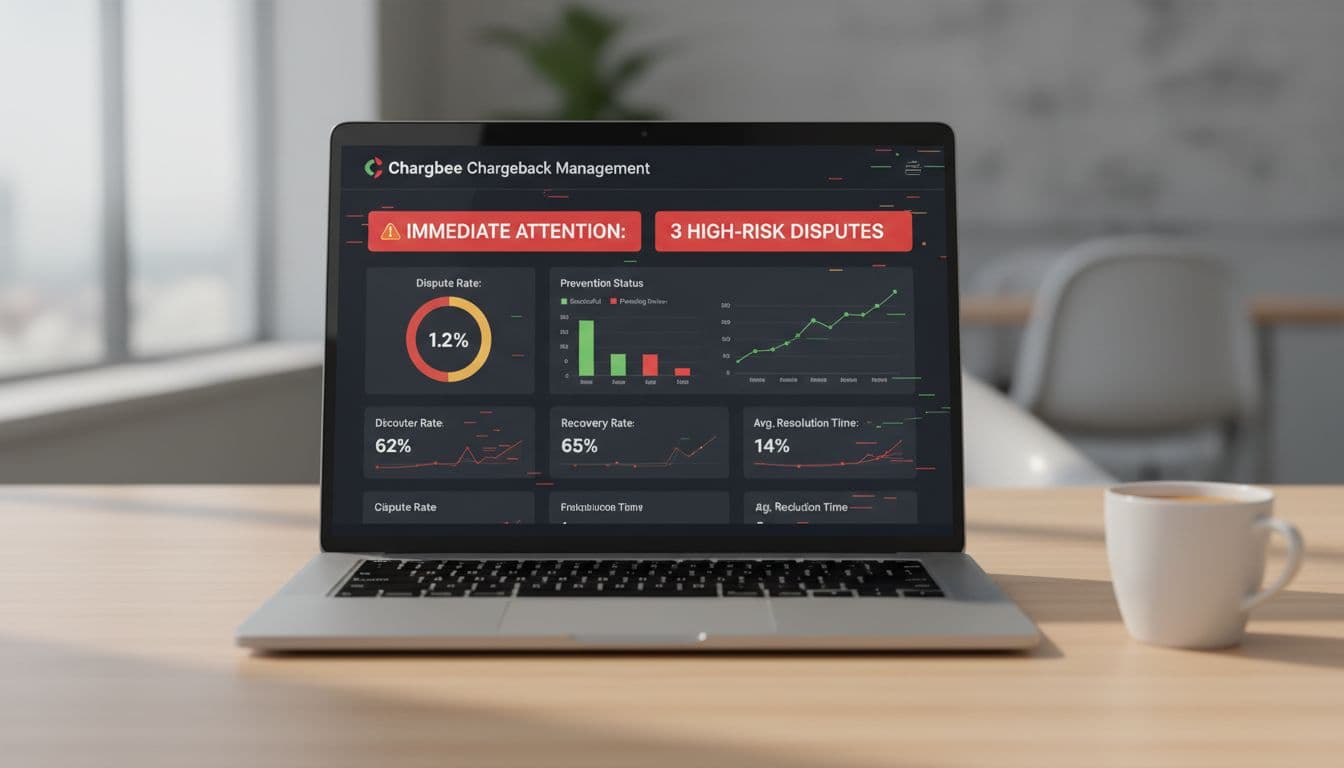 Laptop on clean office desk with coffee mug displays SaaS billing dashboard showing chargeback alerts and metrics.