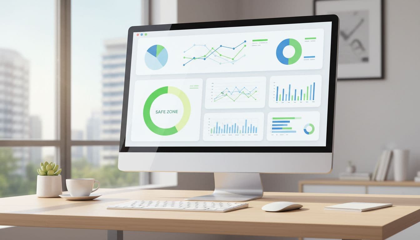Computer screen shows merchant dashboard with chargeback ratio gauge in green safe zone on minimalist office desk with window light.