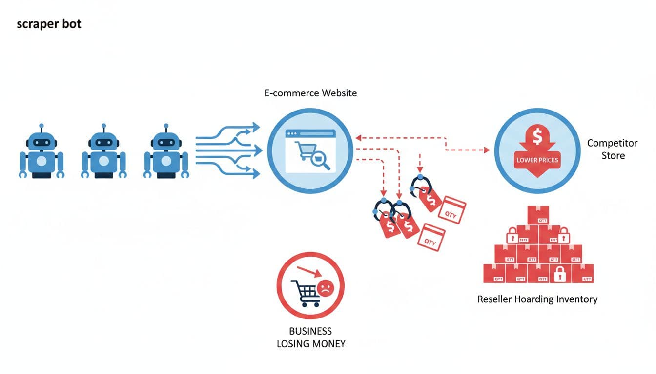 Three bot icons arrow to central e-commerce site scraping price tags and inventory boxes, then to competitor store with lower prices and hoarding reseller, bottom business loss with empty cart.