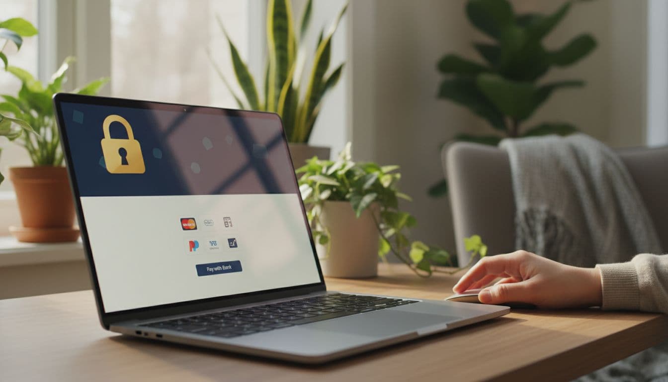 Secure online checkout page on a laptop screen in a cozy home office, with shopper's hand near mouse, emphasizing padlock icon and payment options, realistic style with soft natural light and plants.