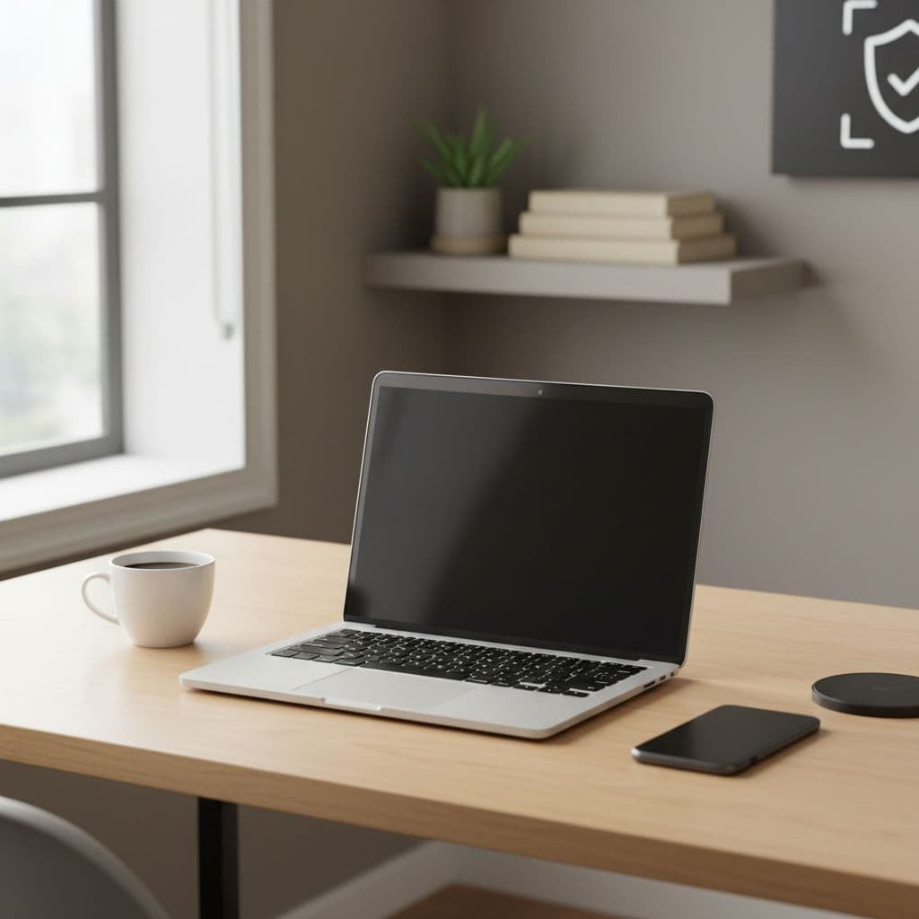 A sleek wooden desk features a modern laptop alongside a smartphone and steaming coffee mug. Soft daylight illuminates the organized surface, suggesting a secure environment for managing digital financial transactions.