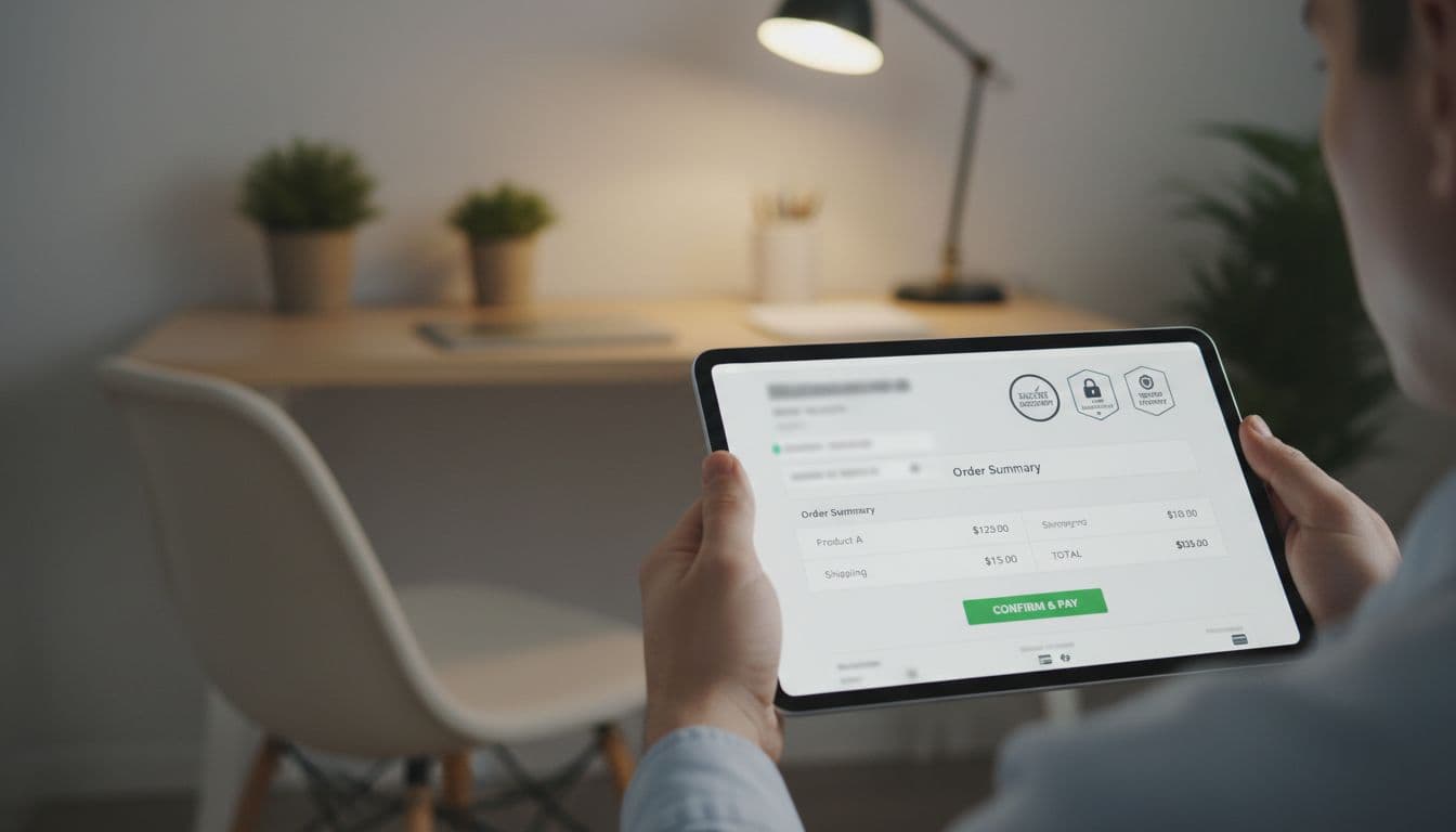 Tablet held by relaxed hands displays secure checkout with badges and order summary, blurred home office background.